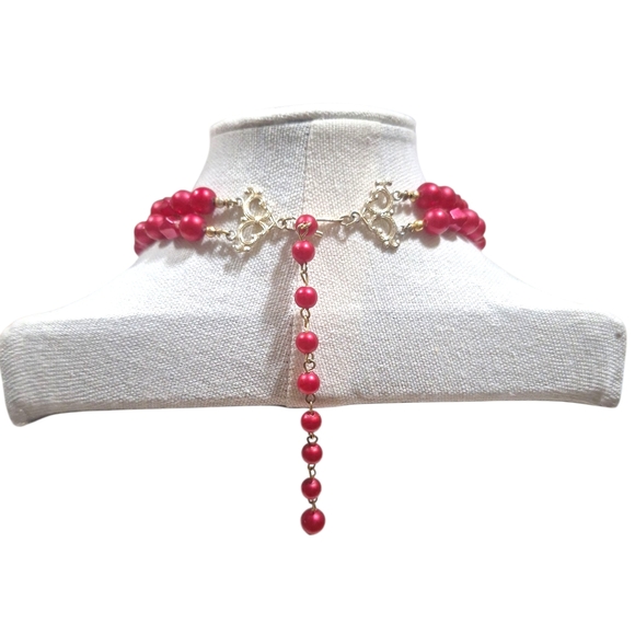 Vintage Hong Kong Red Pink Moonglow Beaded Double Strand Necklace 17-21.5" - Picture 2 of 6